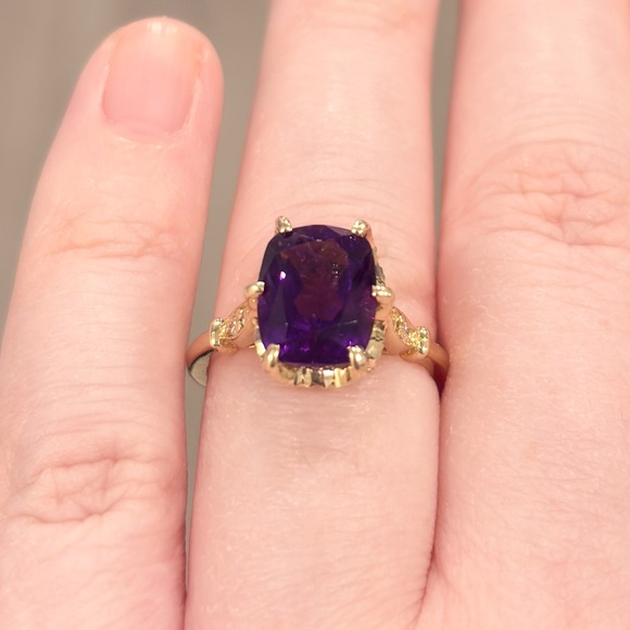 14K Amethyst Diamond Solitaire Ring: Dark Cushion Cut Elegant Milgrain Size 6.5 - Picture 4 of 14